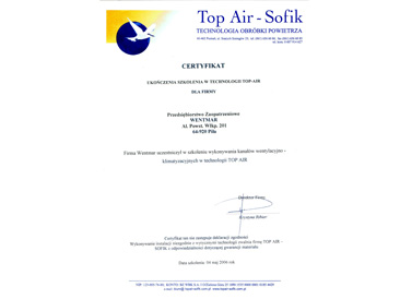 Certyfikat ukończenia szkolenia w technologii TOP-AIR