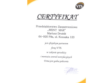 Certyfikat od firmy VTS