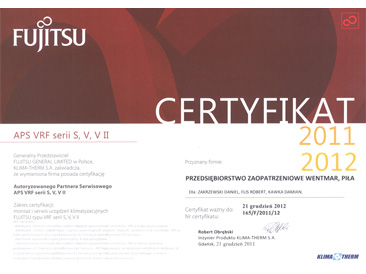 Certyfikat od Fujitsu, APS VRF serii S, V, V II