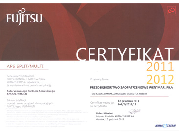 Certyfikat od Fujitsu, APS SPLIT/MULTI